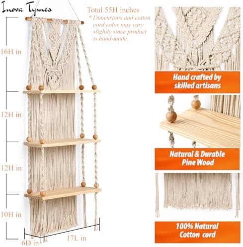 Macrame Wall Hanging Shelf 3 Tier - Boho Bedroom Decor | Macrame Wall Decor | Boho Shelf Decor, Hanging Shelves for Wall, Woven Rope Floating Wood Shelves & Storage for Small Plants - Image 3
