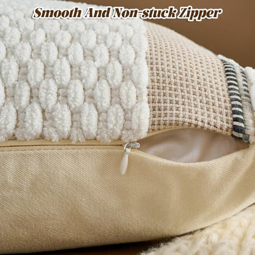 AmHoo Set of 2 Chenille Striped Textured Boho Throw Pillow Covers Aesthetic with Tassels Woven Decorative Pillow Case for Couch Bed Sofa Bedroom Modern Funky 18 x 18-Inch White - Image 3
