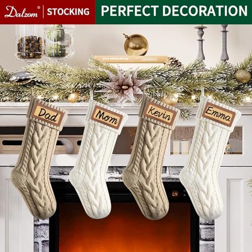 Dalzom® 4Pcs Personalized Christmas Stockings with Leather Patches Custom Name, 18” Premium Large Knitted Christmas Stockings for Kids, Family, Holiday and Fireplace Party Decoration - Image 6
