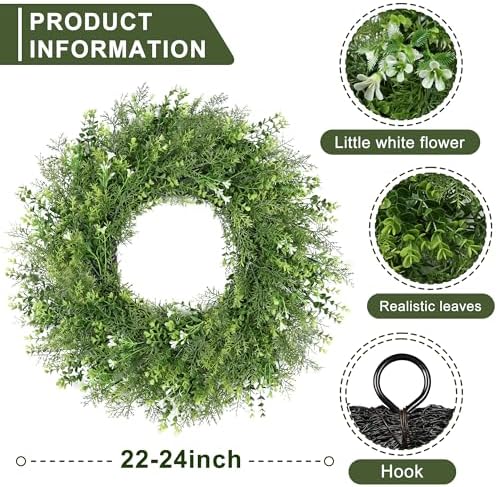 24 Inch Summer Wreaths for Front Door Wreath Spring Outdoor Green Door Wreath for All Seasons Porch Living Room Bedroom Window Wall Indoor Outdoor Farmhouse Home Decoration - Image 2