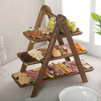 Gibson Home Truss Peak 3 Tier Serving Tray for Party, 18" Acacia Wood Cupcake/Charcuterie/Dessert Farmhouse Tiered Platters with Collapsible Wood Rack - Image 5