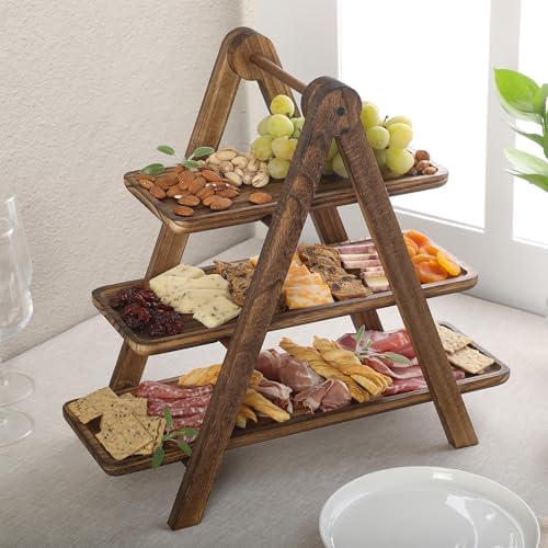 Gibson Home Truss Peak 3 Tier Serving Tray for Party, 18" Acacia Wood Cupcake/Charcuterie/Dessert Farmhouse Tiered Platters with Collapsible Wood Rack - Image 5