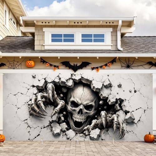 Gothic Horror Skeleton Halloween Garage Door Banner 7x16ft, Creepy Vampire by LEIWEIHOPE