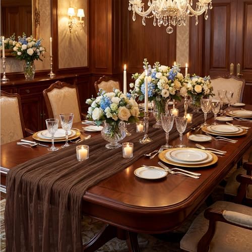 12 Pack Brown 10 Ft Cheesecloth Table Runner 20x120 Inch Boho Wrinkled Sheer Romantic Gauze Decor for Wedding, Bridal Shower, Birthday Party - Image 6