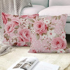 Rose Flowers Pillow Covers Pink Floral Green Leaves Set of 4 Blooming Peony Bouquet Retro Vintage Romantic Square Linen Pillowcases for Outdoor Couch Sofa Bedroom Patio Farmhouse 24x24Inch - Image 3