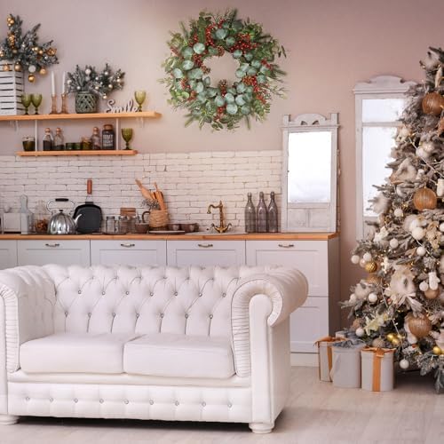 Spring Wreaths for Front Door,Boxwood Wreaths for Indoor and Outdoor Wedding Decorations,Spring Wreath with Pine Cones and Leaves,Berries,Eucalyptus Leaves for Home Decor - Image 5