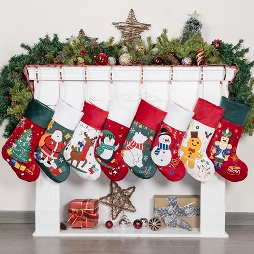 BHD BEAUTY Christmas Stocking 4 Pack White Green Red Velvet Embroidery Pattern Soft Faux Fur for Family Decorations Hanging Ornament for Xmas Holiday Party - Image 5
