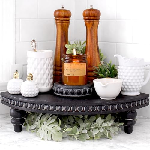 Corner Pedestal Stand Rustic Decor Riser for Display - Farmhouse Wood Rounded Beaded Tray for Kitchen and Bathroom Countertop Organizer, Coffee Bar, Plant Stand with Removable Feet (Rustic Black) by FeltCreativeHomeGoods