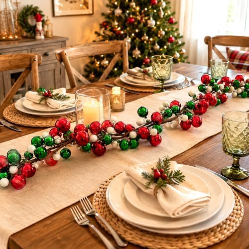 12ft Red Green Christmas Ball Garland Ornaments, Xmas Bauble Tree Garland - Image 6