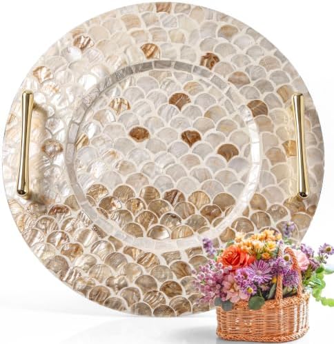 Mother of Pearl Decorative Tray with Metal Handle, Elegant by Tiangrid