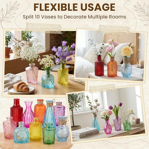 10Pcs Colored Glass Bud Vase Set,Embossed Mini Small Vintage Flower Vases - Image 4
