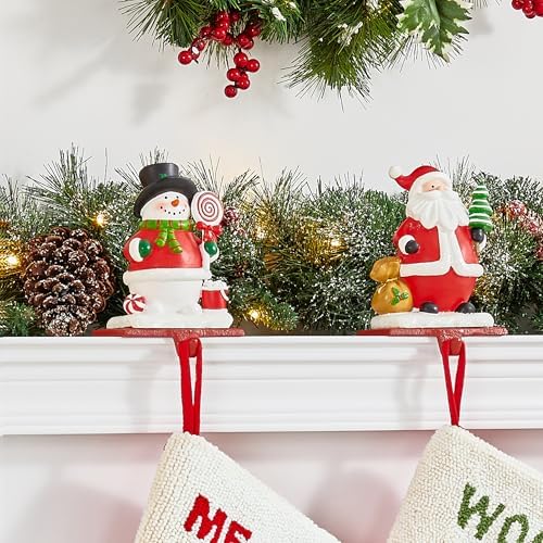 Glitzhome Christmas Stocking Holders, Set of 3 Santa Snowman Penguin Mantel Decor with Weighted Base, Festive Jack-in-The-Box Design for Fireplace, Holiday Sock Hangers - Image 4