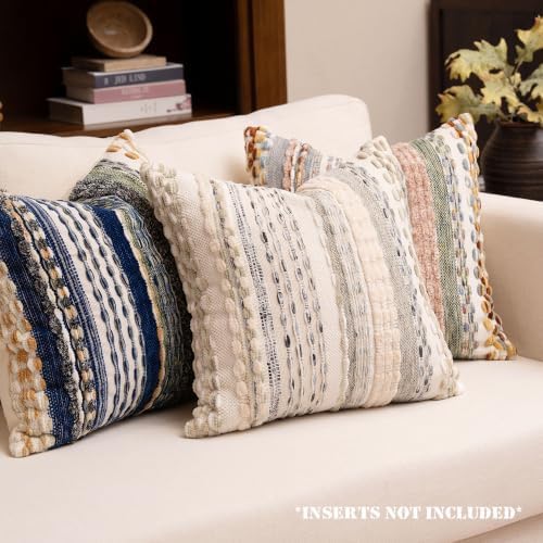 Boho Chenille Tufted Throw Pillow Covers 18x18 Inch Set of 2 Farmhouse Cream White Woven Striped Decorative Pillowcases for Couch Sofa Bed - Image 2