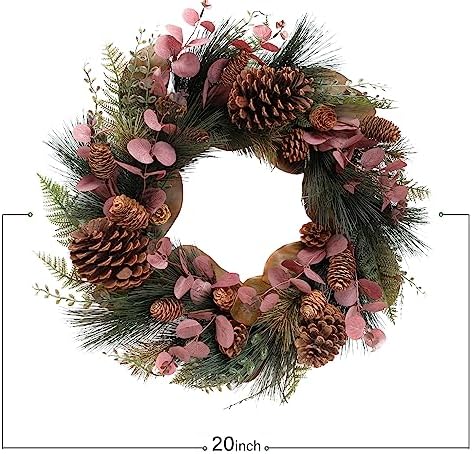 TEMPUS 20 inch Winter Wreath Magnolia Leaves Red Eucalyptus Leaves with Pine Needle Pine Cone Wreath for Front Door Harvest Festival Christmas Decor Window Wedding Autumn Outdoor Indoor Décor - Image 3