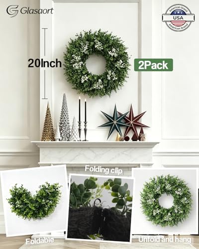 2Pack 20'' Boxwood Wreath for Front Door Artificial Eucalyptus Wreath - Image 2