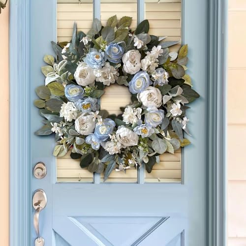 WANNA-CUL 24 Inch Spring White Peony Wreath Baby Blue Rose Front Door - Image 4