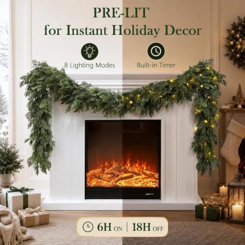 Pre-Lit Christmas Garland 9FT Decorations Real Touch Cedar Cypress Pine Greenery Artificial Green Christmas Garland with Lights for Mantle, Fireplace, Table, Stairs, Door, Indoor Outdoor Decorations - Image 3
