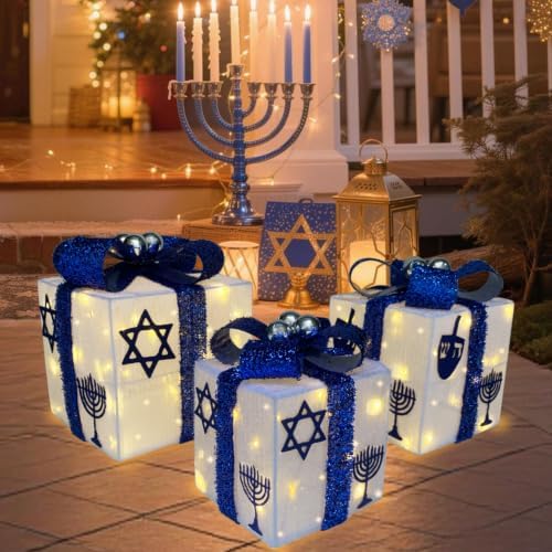 Hanukkah Light Up Gift Boxes Set of 3 Outdoor Decorations Pre-lit 80 Lights, Hanukkah Decor Lighted Present Box with Menorah, Dreidel, Star of David, Battery Operated Chanukah Decoration Jewish Décor by Unknown
