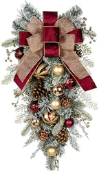30" Christmas Teardrop Swag for Front Door Artificial Winter Swag Garland with Pine Cones, Berry Clusters, Burgundy Ball Ornaments and Ribbons for Thanksgiving Holiday Christmas Decoration by Arborus