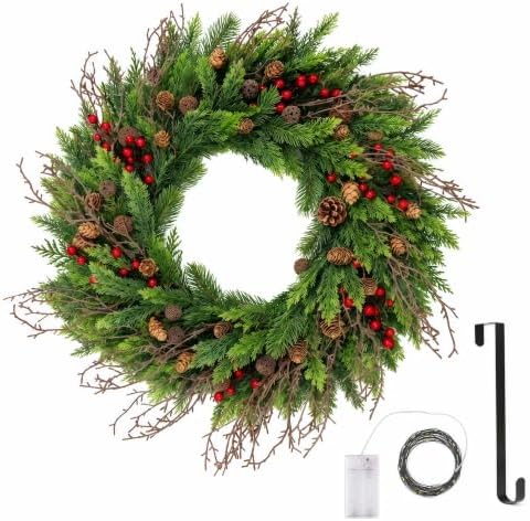 24" Cedar Christmas Wreath for Front Door with Pine Cones & Red Berries by Unknown