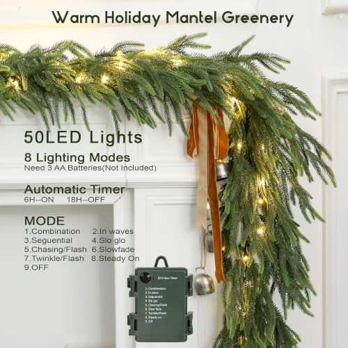 6FT Soft Touch Artificial Norfolk Pine Christmas Garland with Timer Lights - Image 2