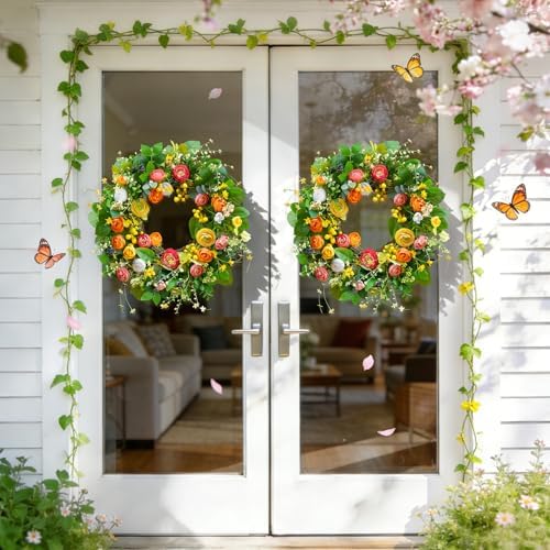 Spring Summer Wreaths for Front Door Outside 24 Inch, Summer Wreath Outdoor with Lotus and Berries, Green Floral Door Wreath for All Season Home Wall Wedding Farmhouse Holiday - Image 3