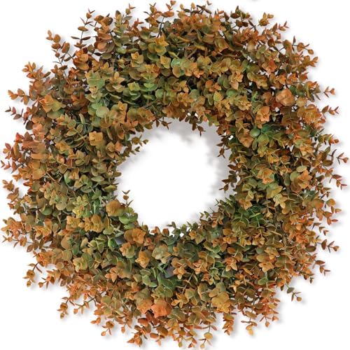 26" Large Fake Eucalyptus Fall Wreath for Front Door Decor(Orange-Green) by GLIDLION