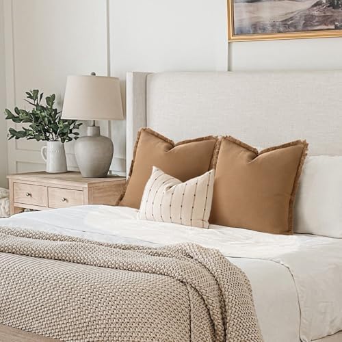 ZWJD Pillow Covers 18x18 Set of 2 Camel Throw Pillow Covers with Fringe Chic Cotton Decorative Pillows Square Cushion Covers for Sofa Couch Bed Living Room Farmhouse Boho Decor - Image 6