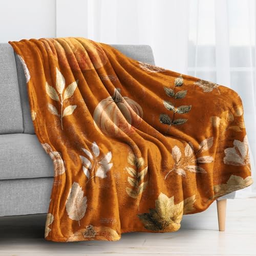 Fall Leaf Blanket, Orange Pumpkin Fleece Throw Blanket Twin Size for Couch Bed Sofa, Autumn Leaves Blankets and Throws, Decor & Gifts, Super Soft Plush Flannel Blanket, 60x80 - Image 2