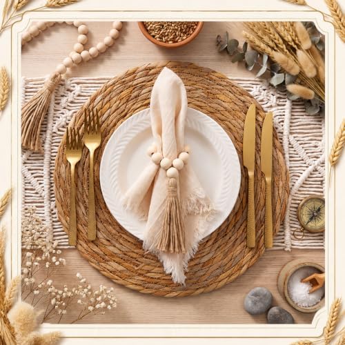 Fanfanwin Set of 6 Boho Woven Placemats with Khaki Napkins, 13 in - Image 4