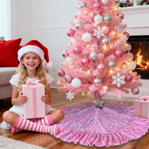 Pink Tree Skirt 45 in Ruffled Christmas Tree Skirts for 6FT Tree - Image 2