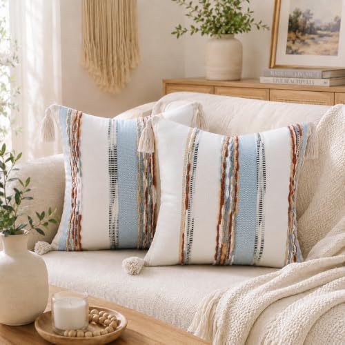 decorUhome Cream White and Light Blue Throw Pillow Covers 18x18 Set of 2 - Image 3