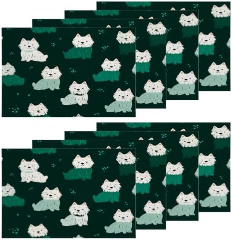 Shrahala Cute Dog in Dark Green Placemats, White Dogs Spots Table Mat Linen Burlap Washable Double-Deck Heat Insulation for Dining/Kitchen Table Set of 8 (12 X 18 Inch) by Shrahala