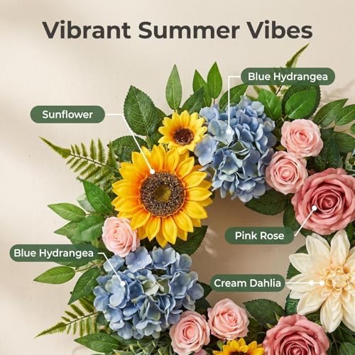 Summer Wreaths for Front Door, 24 Inch Artificial Spring and Summer Wreath with Peonies, Early Summer Chrysanthemums, Hydrangeas, Roses, Sunflowers, and Tulips, Decor for Indoor Outdoor - Image 3