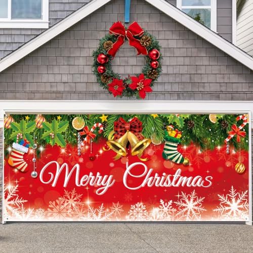WovWeave 7 x 16 Ft Christmas Garage Door Cover, Bells and Stockings by WovWeave
