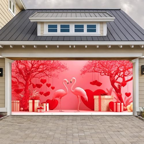 Happy Valentine's Day Garage Door Banner Cover, 6x13 ft Pink Flamingos Sweet Scene, Large Outdoor Holiday Decoration (Red Flamingos) by KKYEJLQYI