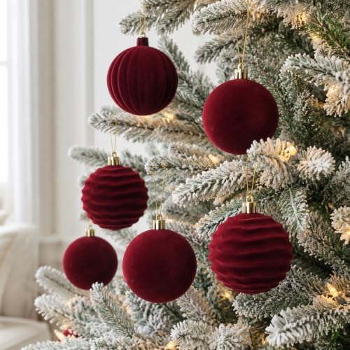 20pcs Red Velvet Christmas Ornaments Set,2.36In Burgundy Flocked Ornaments - Image 5