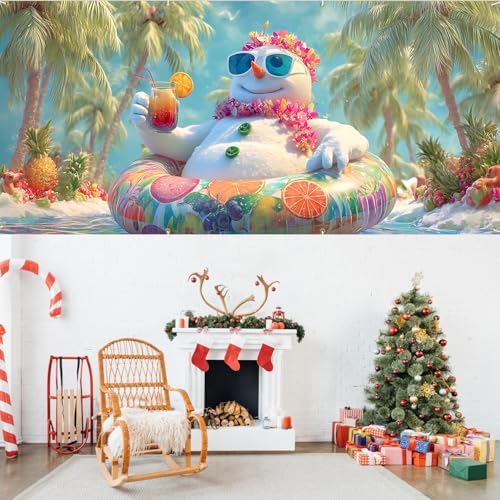 13x6Ft Tropical Snowman Garage Door Banner - Beach Scene with Swimsuit Snowman Holding Drink, Funny Summer Winter Mix Decor for Outdoor Holiday - Image 6