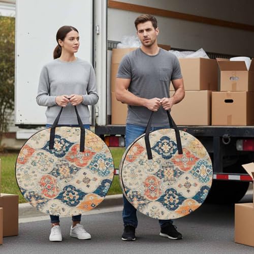 Boho Round Storage Bag 24 Inch, Vintage Orange Blue Abstract Ethnic Flower Texture Clothes Storage Container with Handles Heavy Duty Organizer for Comforter, Bedding & Holiday Wreaths - Image 4