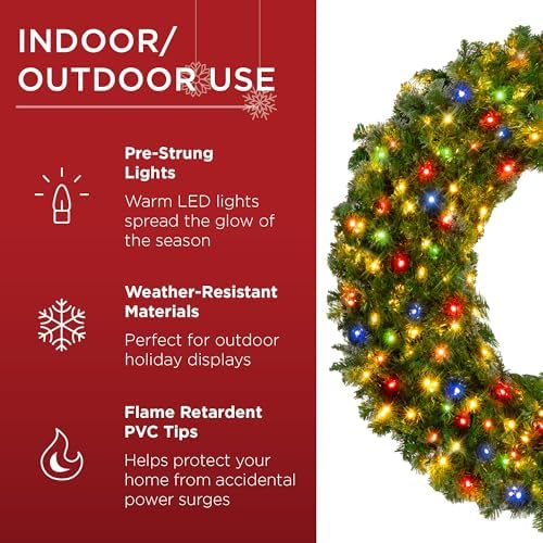Best Choice Products 30in Large Artificial Pre-Lit Fir Christmas Wreath Holiday Accent Decoration w/ 100 Multicolor Lights, 220 PVC Tips - Image 5