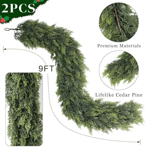 9FT 2Pcs Lifelike Touch Artificial Christmas Cedar Garland for Mantle Decor - Image 5