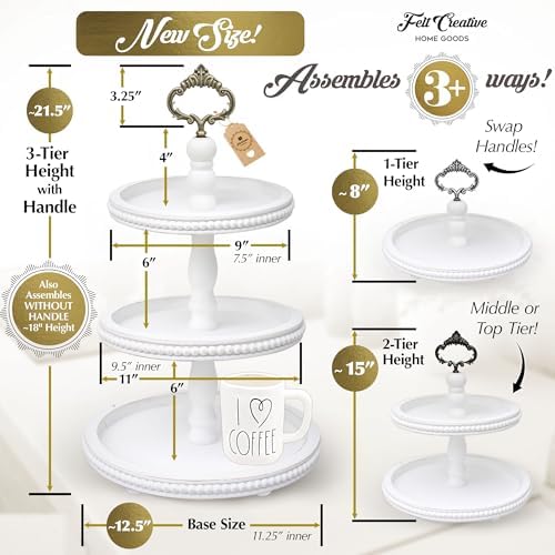 [3-in-1] Wooden Tiered Tray Stand - Beaded 3 Tiered Tray Decor Wood Cupcake Stand for Farmhouse Country Rustic Home - 3 Tier Stand [with 3 Changeable Handles] by Felt Creative Home Goods (White) - Image 4