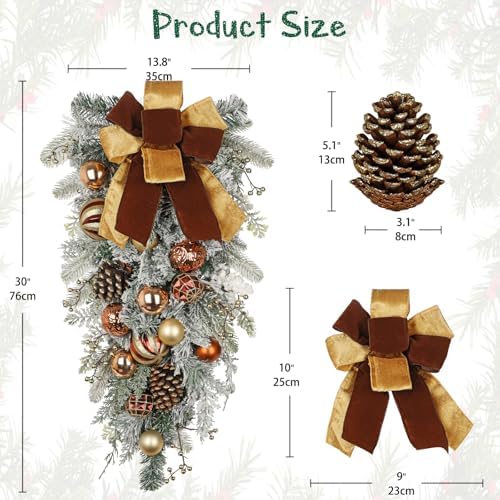 30" Christmas Teardrop Swag for Front Door Artificial Winter Swag Garland with Pine Cones, Berry Clusters, Bronze Ball Ornaments and Ribbons for Thanksgiving Holiday Christmas Decoration - Image 2