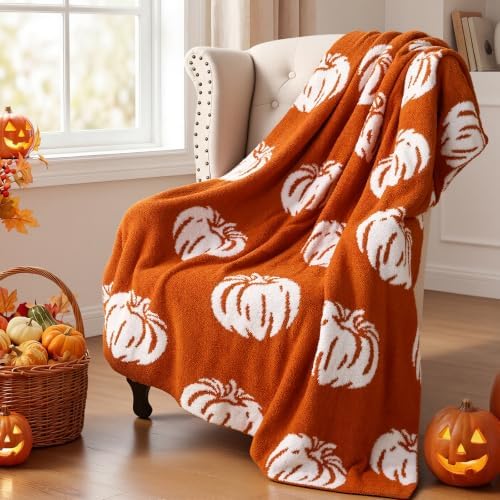 MelonBoat Fall Throw Blanket, Burnt Orange Pumpkin Soft Fuzzy Halloween Blanket for Couch, Cozy Lightweight Fall Decorative Blanket for Sofa Bed Living Room Office, 50 x 60 Inch by MelonBoat