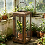 18" High Decorative Wood and Glass Lantern with Metal Handle, Brown Whitewash, Candle Holder (Brown, Large) - Image 5