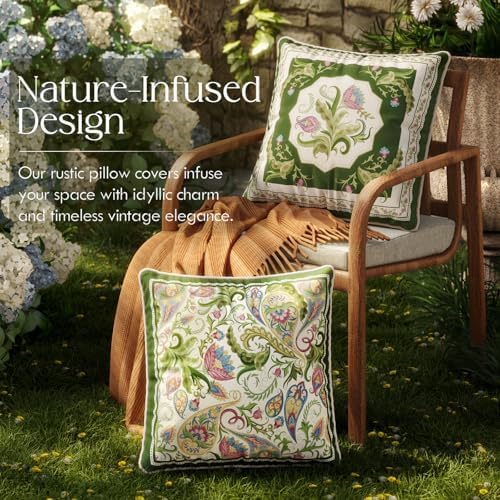 Vintage Green Floral Pillow Cover 18x18, Paisley - Image 2