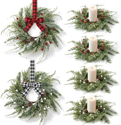 6 Pcs Mini Christmas Wreaths for Kitchen Cabinet Front Door with Ribbon Bow by Unknown