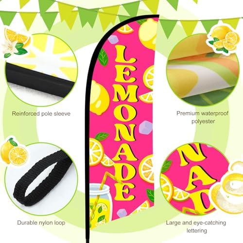 HunnmingRe 2 Set Pink Lemonade Feather Flag Kit, 8ft Advertising Swooper Flag Banner with Pole and Ground Stake for Business Restaurant Advertising Banner for Outside Ground - Image 2