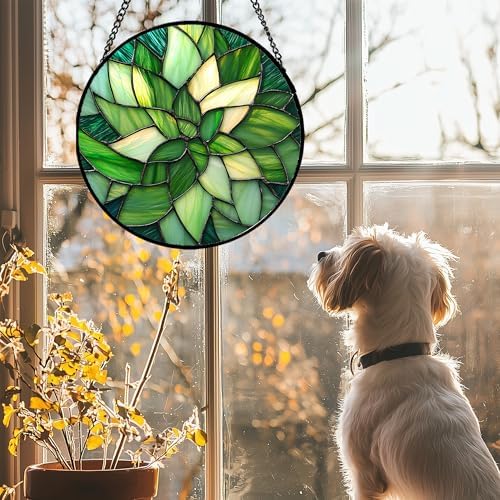Green Leaf Flower Stained Glass Window Hanging Suncatcher Gift for Mom 15" - Image 2
