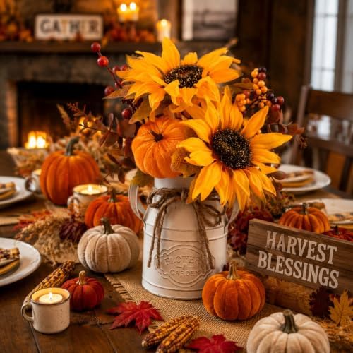 Fall Thanksgiving Centerpieces for Dinner Tables, Faux Floral Metal Potted Plants with Maple Leaf Pumpkin Berry Stems, for Indoor Kitchen Home Autumn Farmhouse Mantel Decor - Image 5